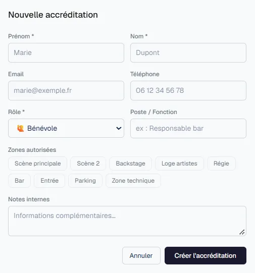 La création d'une accréditation : rôle, poste et zones autorisées