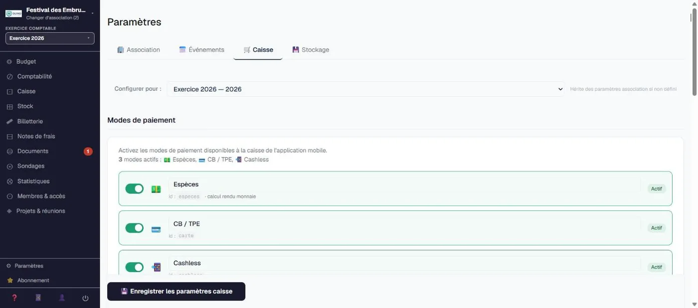 Les paramètres de la caisse : modes de paiement espèces, carte et cashless