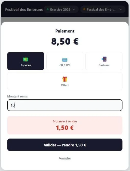 Le paiement en espèces : montant remis et monnaie à rendre