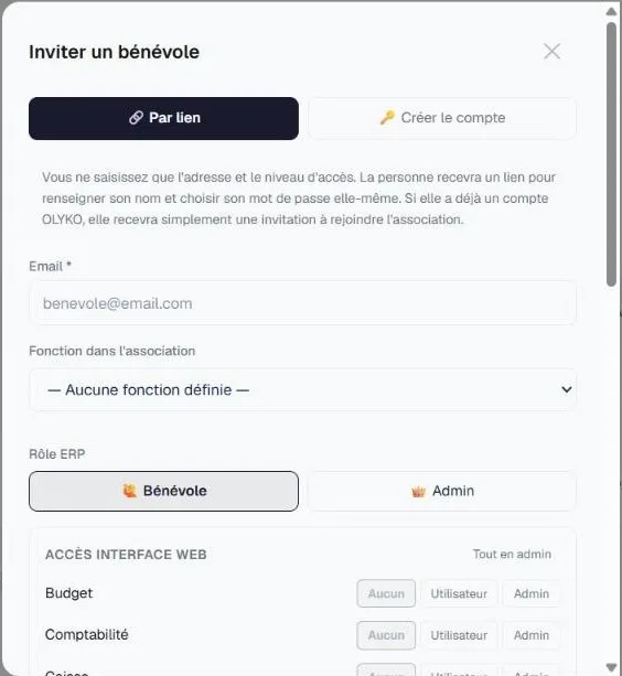 La fenêtre « Inviter un bénévole » : invitation par lien, rôle et accès par module