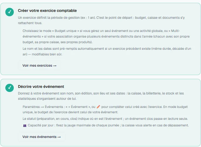 Étapes terminées : exercice comptable et événement