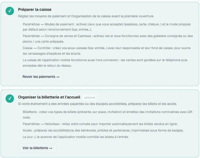 Étapes caisse, billetterie et accueil
