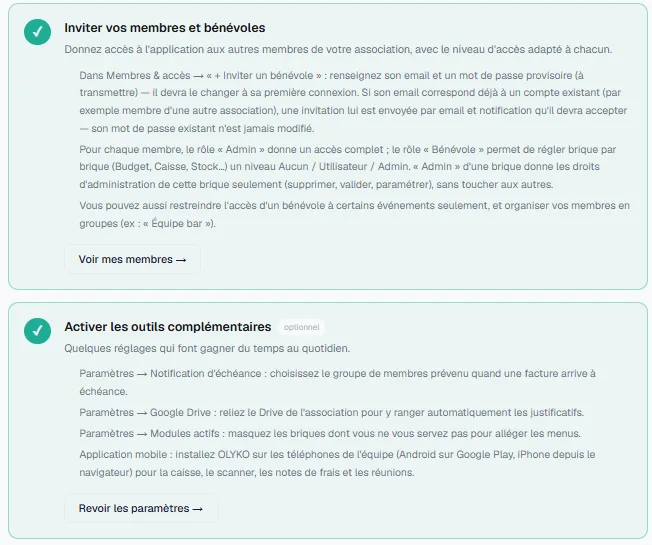 Étapes membres et outils complémentaires
