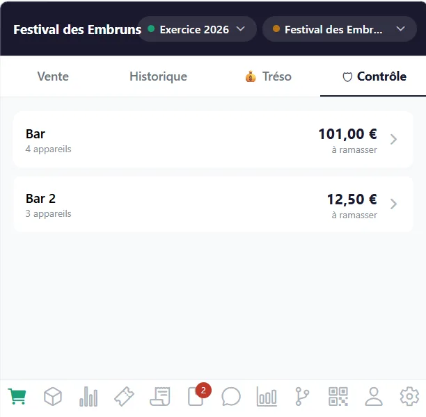 L'onglet Contrôle de l'application : les sous-caisses et le montant à ramasser