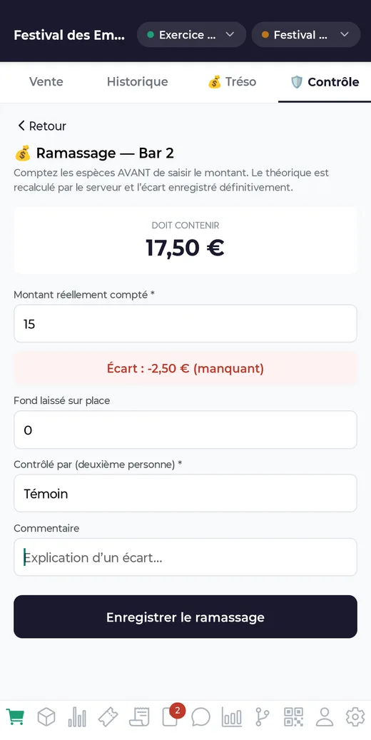 Le ramassage depuis l'application, avec l'écart affiché