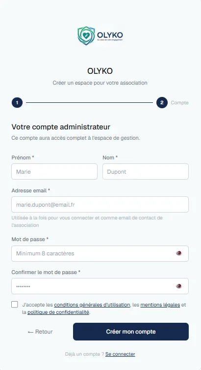 Étape 2 de l'inscription : le compte administrateur