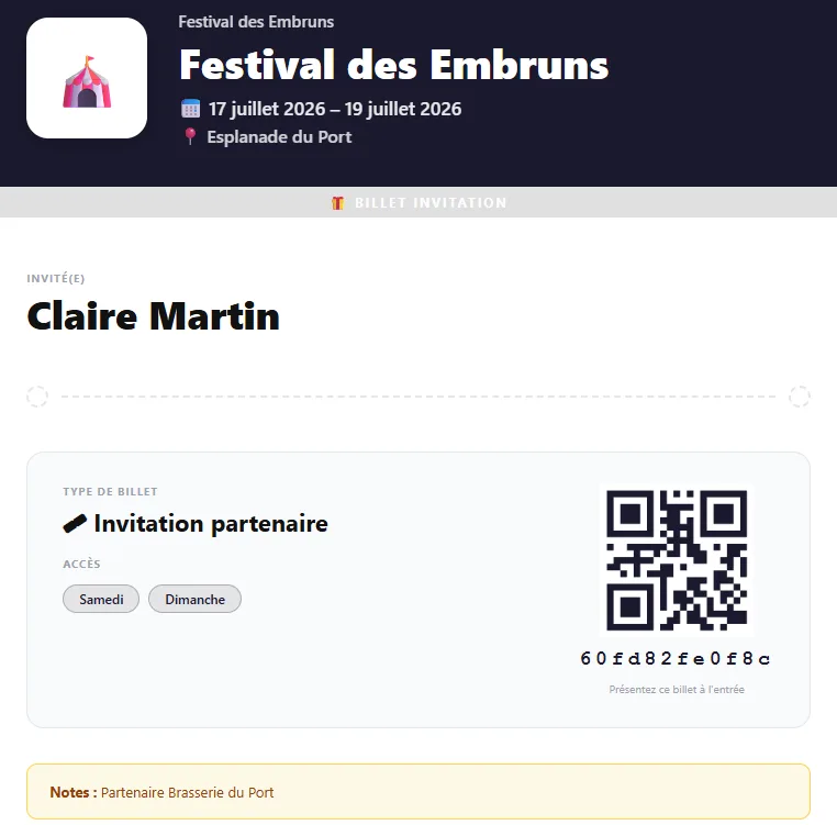 Le billet d'invitation généré, avec son QR code