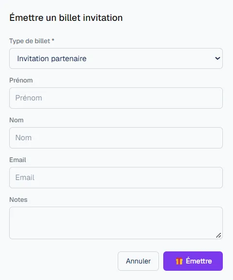 La fenêtre « Émettre un billet invitation »