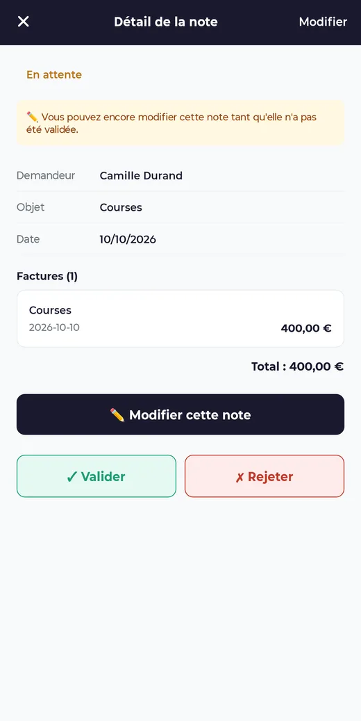 Le détail de la note côté trésorier, avec les boutons Valider et Rejeter