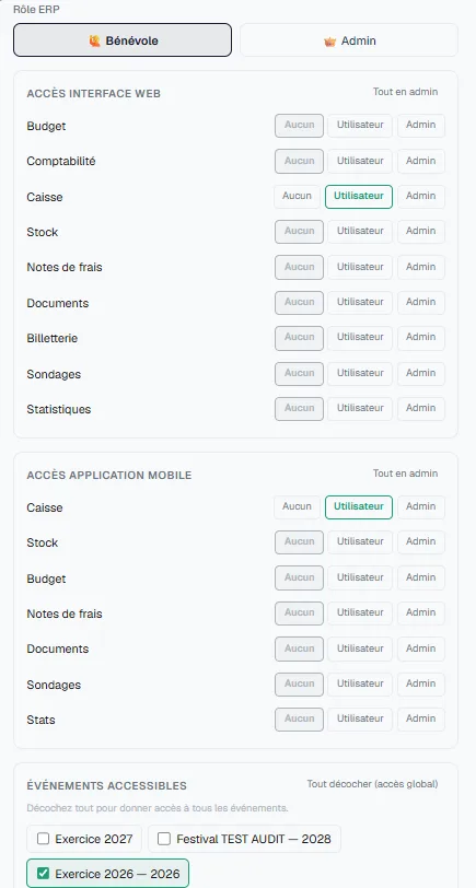 Les accès module par module, sur le site et dans l'application, et les événements accessibles